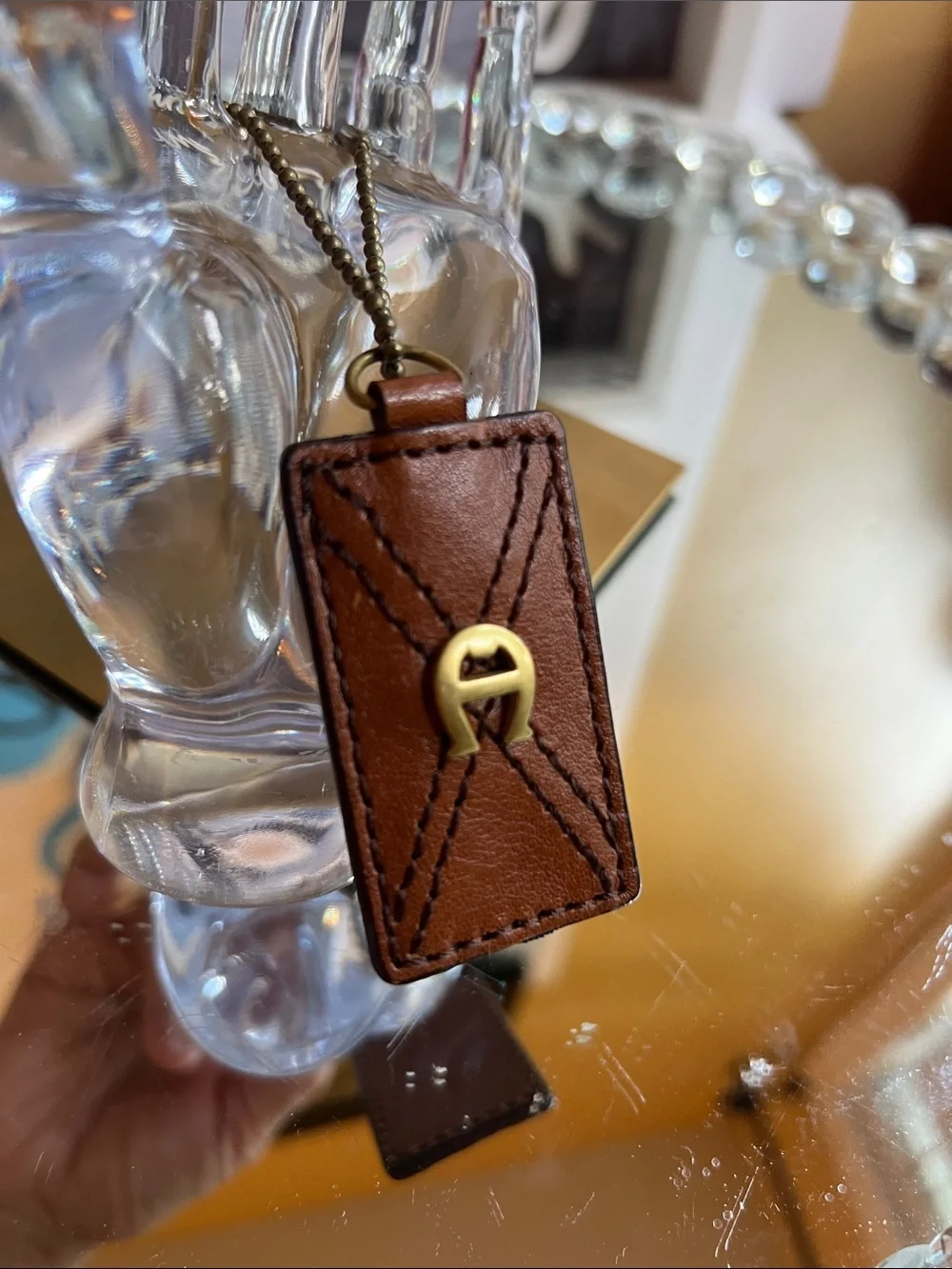 Etienne Aigner vintage  brown leather and brass logo hangtag keychain